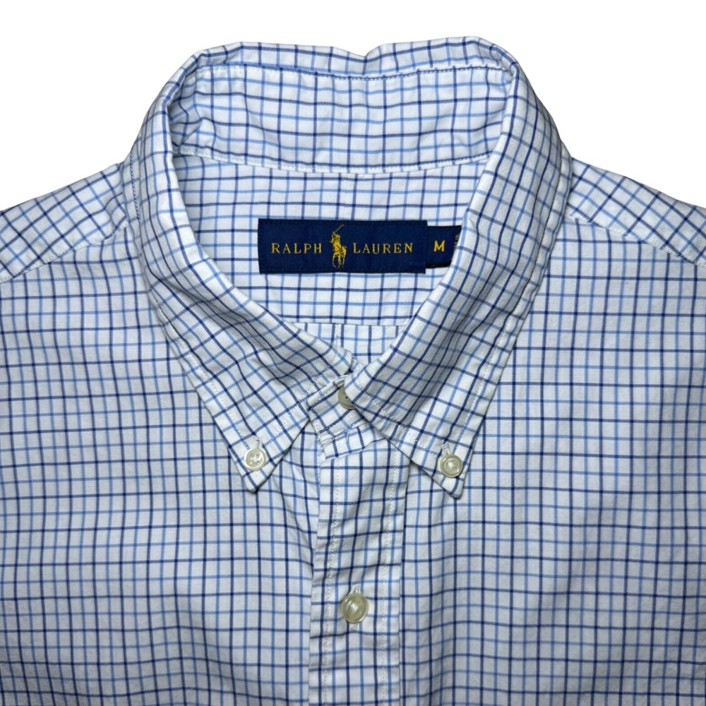 Ralph Lauren Short Sleeve Button Down Shirt Mens Medium Blue White Check Cotton